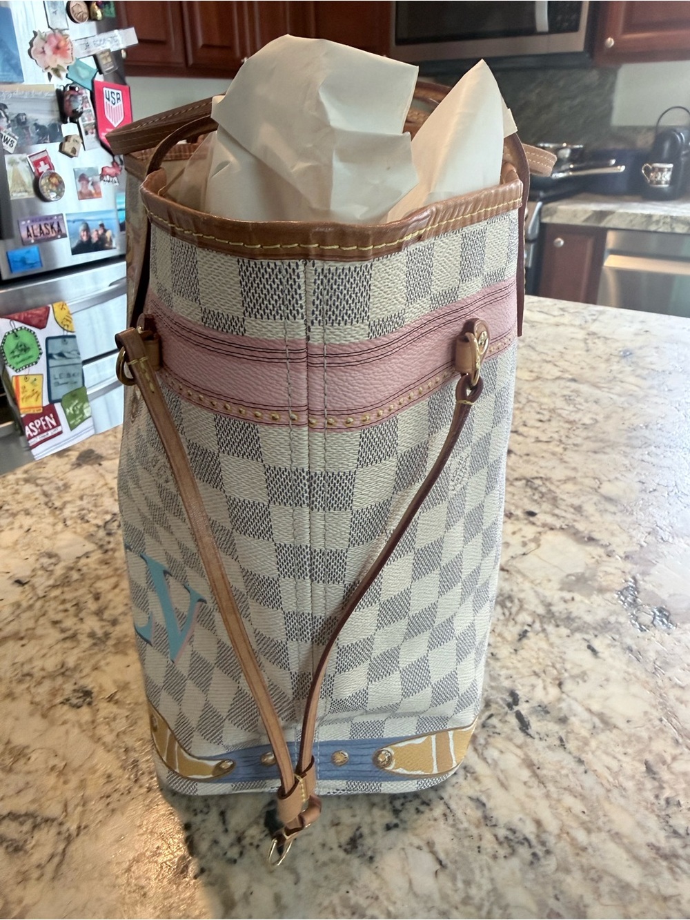 Louis Vuitton Cream Damier Tote with Pink & Light Blue Accents - Picture 2 of 9